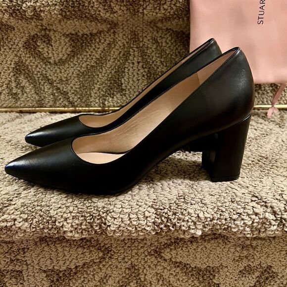 NWB Stuart Weitzman Linsi 75 Block Heel Classic Black Leather Pumps Black… - Picture 5 of 8